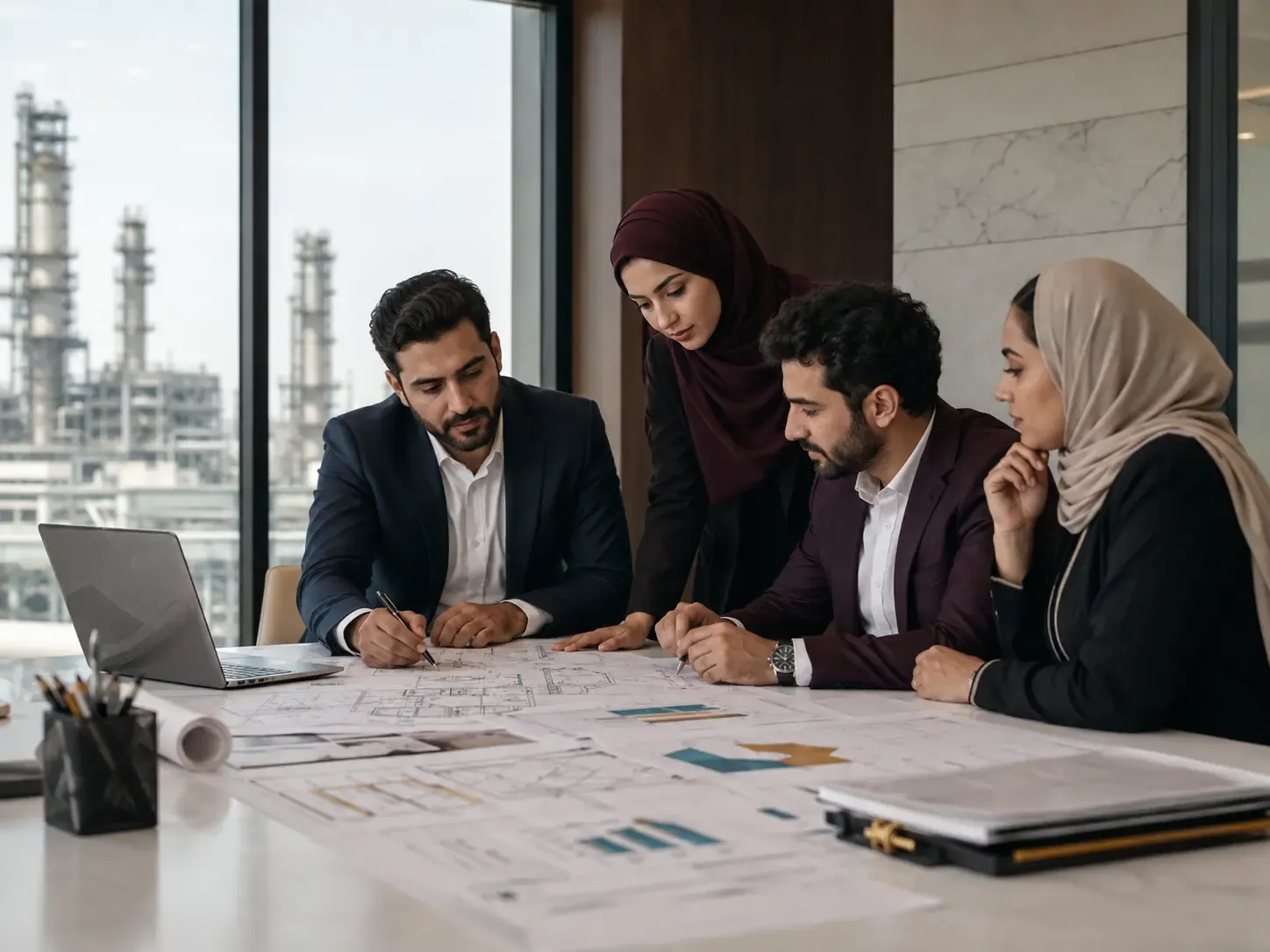 Review meeting in a boardroom overlooking a process facility