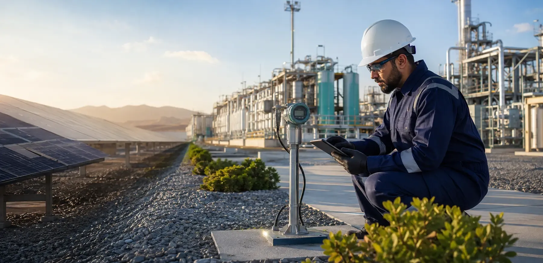 Engineer inspecting solar rows on a renewable energy project