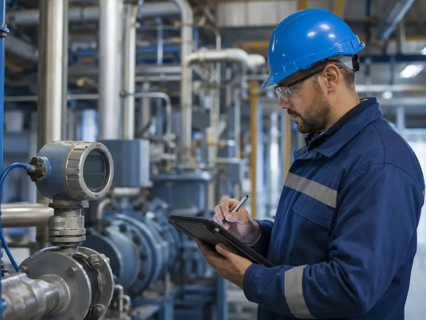 Engineer recording operating data on a tablet inside a process facility