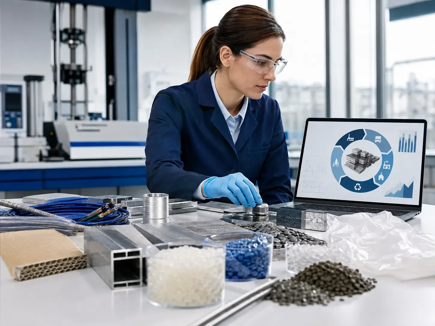 Laboratory technician examining polymer pellets